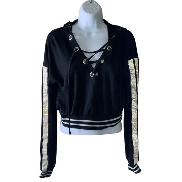 Nadia Cropped Vintage Sweatshirt Women M Drawstring Vneck Hooded Casual Pullover - Picture 1 of 10